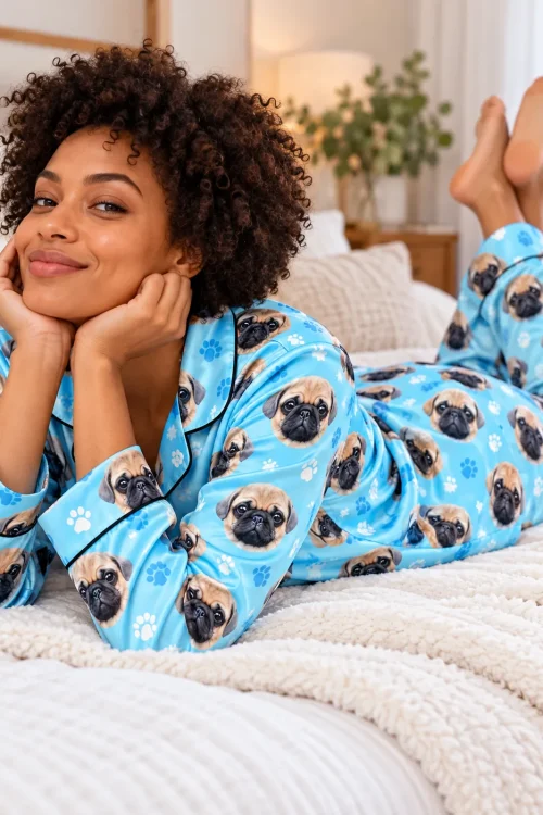 Woman with curly hair lying on her bed in a light blue satin pajama set with pug faces and paws