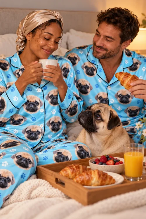Couple having breakfast in bed with their pug, in light blue satin pajama sets with pug faces