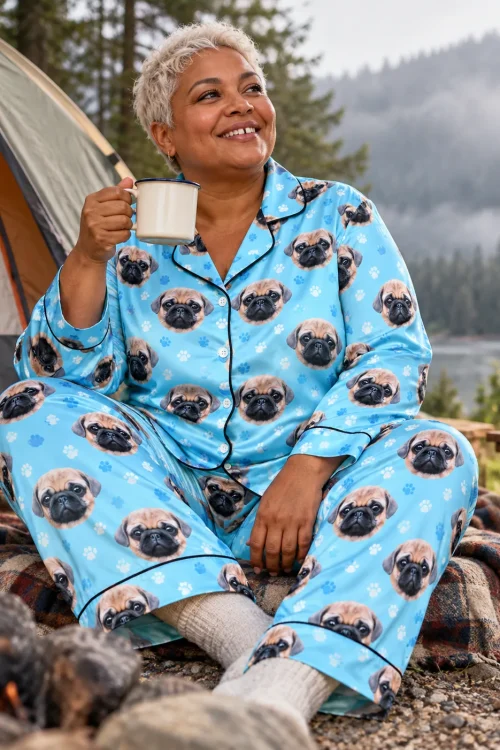 Woman with a camp mug by a tent at a misty lake in a light blue satin pajama set with pug faces