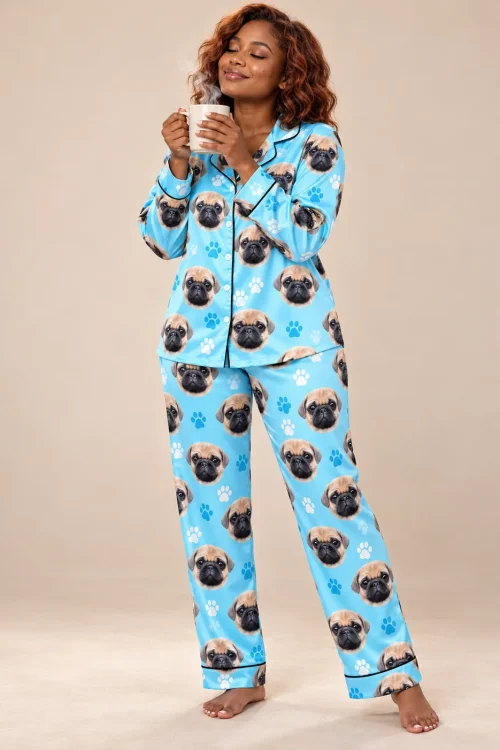 Light Blue Paw Print Satin Pajama Set with Your Pet's Face