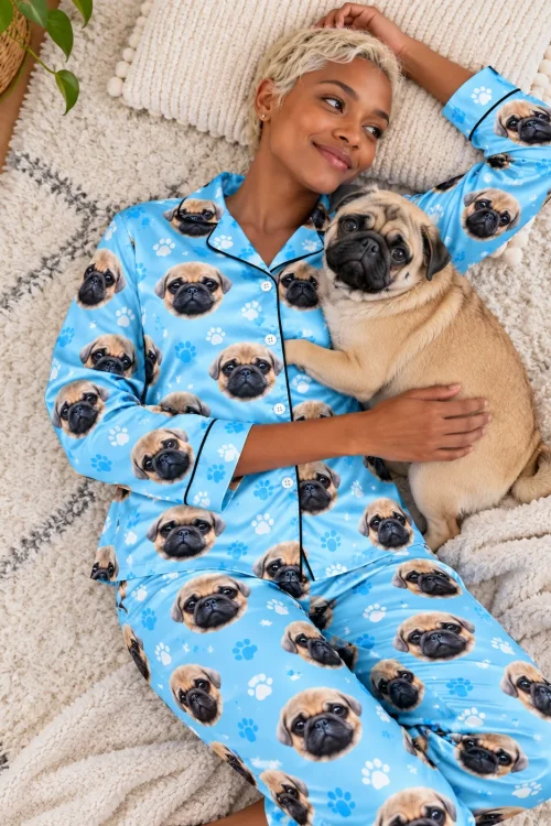 Woman lying on a rug hugging her pug, wearing a light blue satin pajama set with pug faces and paws
