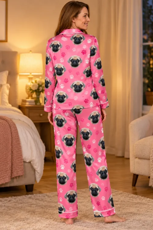 Back view of a woman in a lamplit bedroom wearing a pink satin pajama set printed with pug faces
