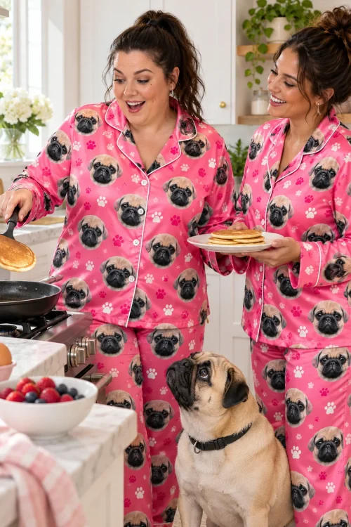 Two women making pancakes as their pug watches, in matching pink satin pajama sets with pug faces