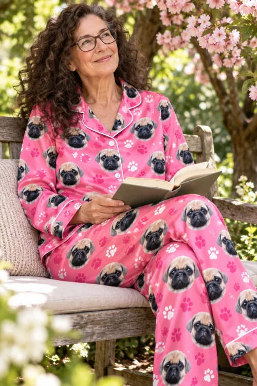 Woman reading a book on a garden bench in a pink satin pajama set with pug faces and paw prints