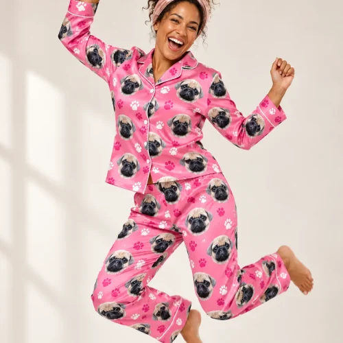 Pink Paw Print Satin Pajama Set with Your Pet's Face