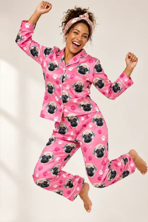 Pink Paw Print Satin Pajama Set with Your Pet's Face