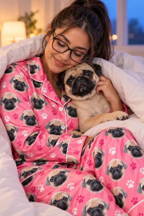 Woman in glasses cuddling her pug under a duvet, wearing a pink satin pajama set with pug faces