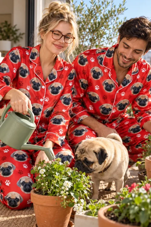 Couple watering potted flowers on a sunny balcony with their pug, in red satin pajama sets with pugs