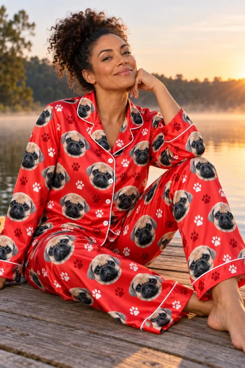 Woman sitting on a lakeside dock at sunrise in a red satin pajama set printed with pug faces and paws