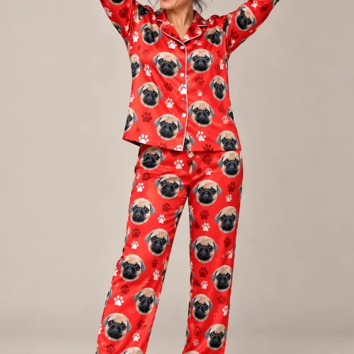 Red Paw Print Satin Pajama Set with Your Pet's Face