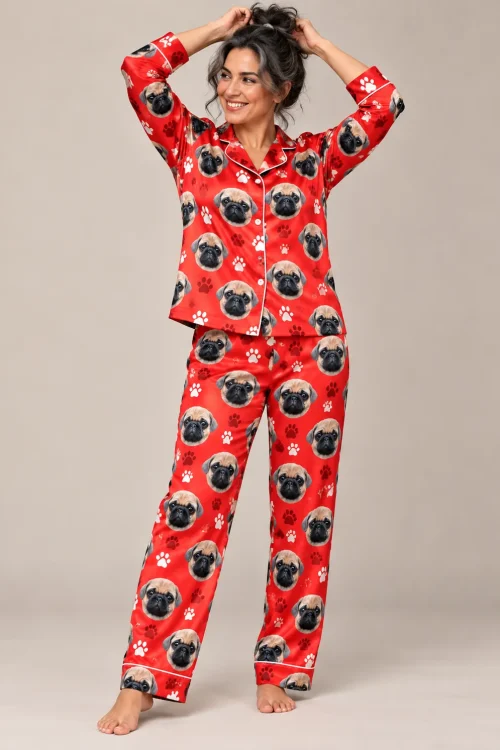 Red Paw Print Satin Pajama Set with Your Pet's Face