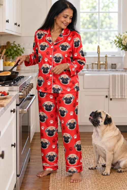 Woman cooking pancakes as her pug looks up, wearing a red satin pajama set with pug faces and paws