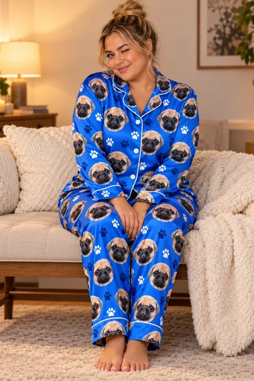 Winking woman sitting on a cozy sofa in a royal blue satin pajama set printed with pug faces and paws