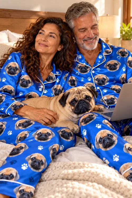Couple relaxing in bed with a laptop and their pug, in royal blue satin pajama sets with pug faces