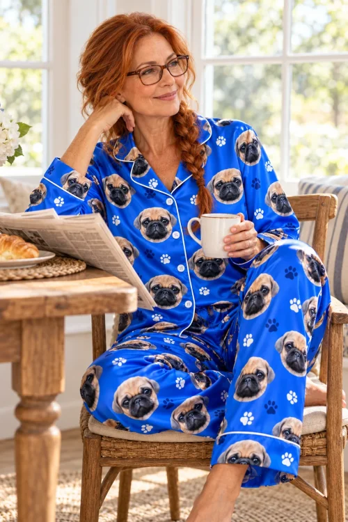 Woman with a red braid and a mug at a breakfast table in a royal blue satin pajama set with pug faces