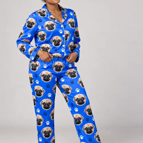 Royal Blue Paw Print Satin Pajama Set with Your Pet's Face