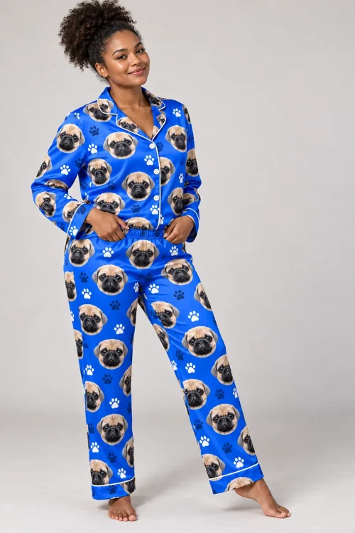 Royal Blue Paw Print Satin Pajama Set with Your Pet's Face