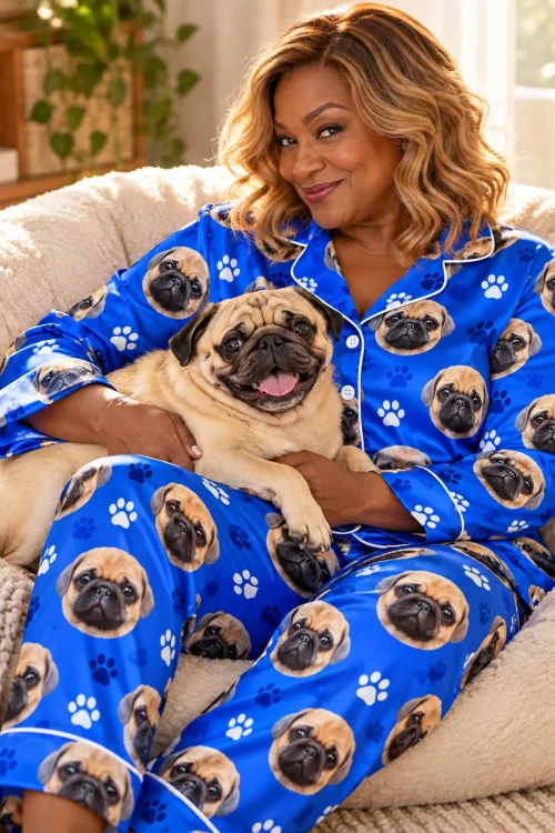 Woman cuddling her happy pug in a fluffy chair, wearing a royal blue satin pajama set with pug faces