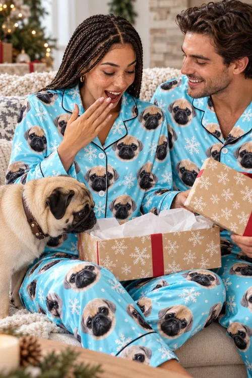 Couple opening gifts by the Christmas tree with their pug, in snowflake satin pajama sets with pugs
