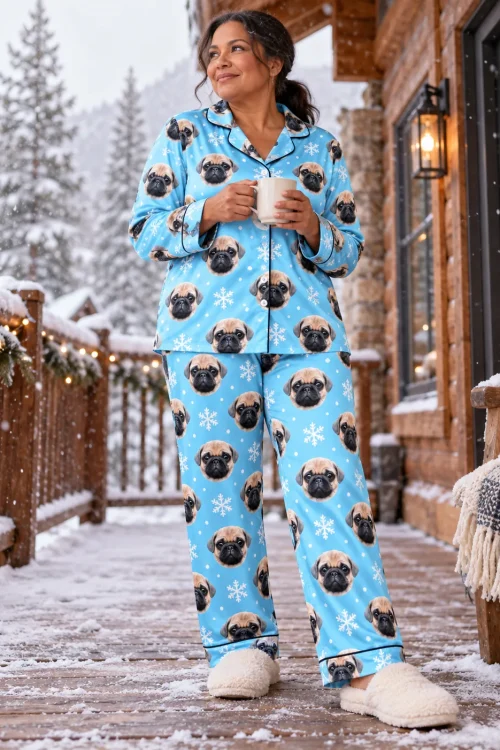 Woman with a mug on a snowy cabin deck in a light blue snowflake satin pajama set with pug faces