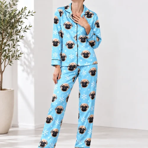 Snowflake Satin Pajama Set with Your Pet's Face