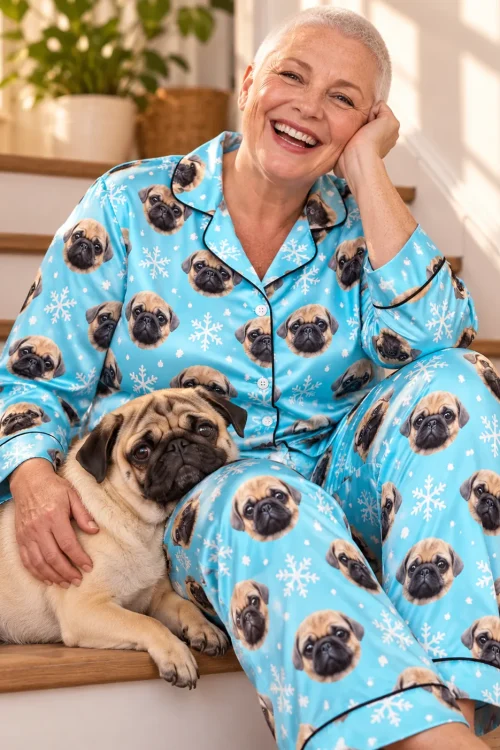 Smiling woman on the stairs with her pug, wearing a light blue snowflake satin pajama set with pugs