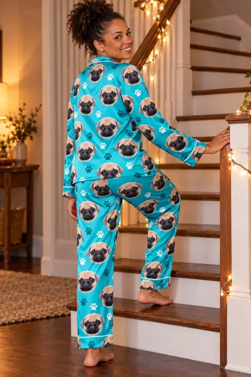 Smiling woman climbing stairs lit with fairy lights in a teal satin pajama set with pug faces