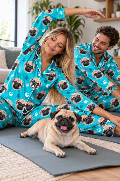 Couple stretching on yoga mats with their pug, in matching teal satin pajama sets with pug faces