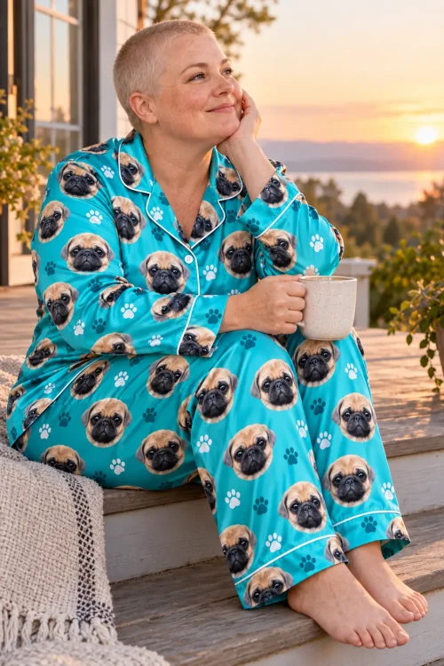 Woman with a mug on porch steps at sunset in a teal satin pajama set printed with pug faces and paws