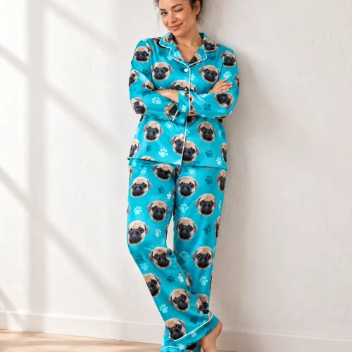 Teal Paw Print Satin Pajama Set with Your Pet's Face