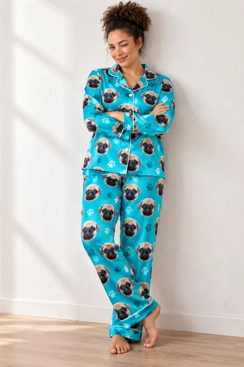 Teal Paw Print Satin Pajama Set with Your Pet's Face