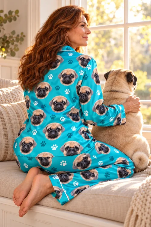 Woman on a window seat with her arm around her pug, wearing a teal satin pajama set with pug faces