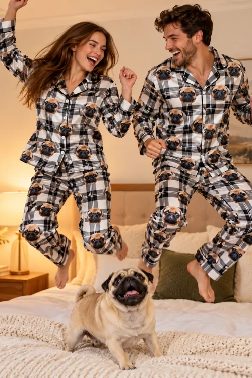 Couple jumping on the bed with their pug, in matching white plaid satin pajama sets with pug faces