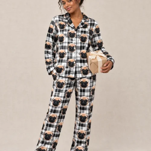 White Plaid Satin Pajama Set with Your Pet's Face