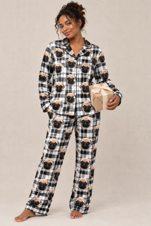 White Plaid Satin Pajama Set with Your Pet's Face
