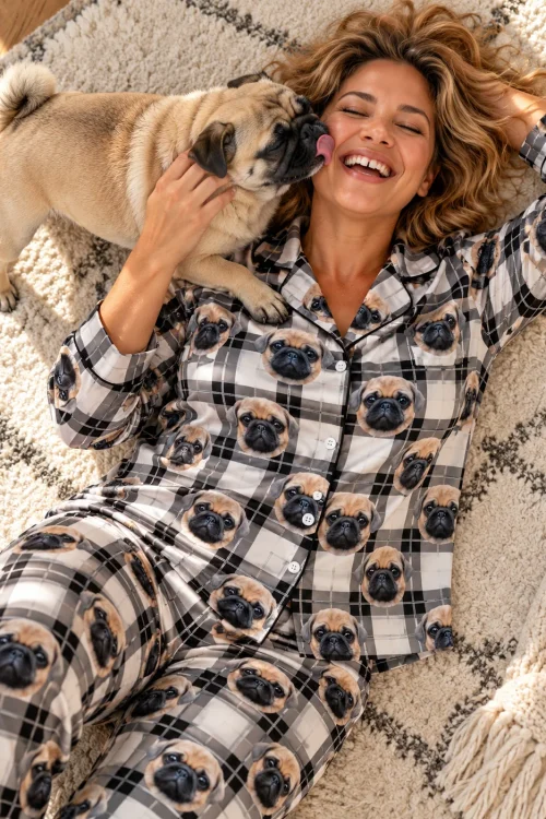 Laughing woman lying on a rug as her pug licks her cheek, in a white plaid satin pajama set with pugs