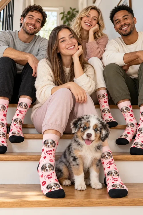 Four friends on the stairs with an Aussie puppy, all in pink I Love You socks