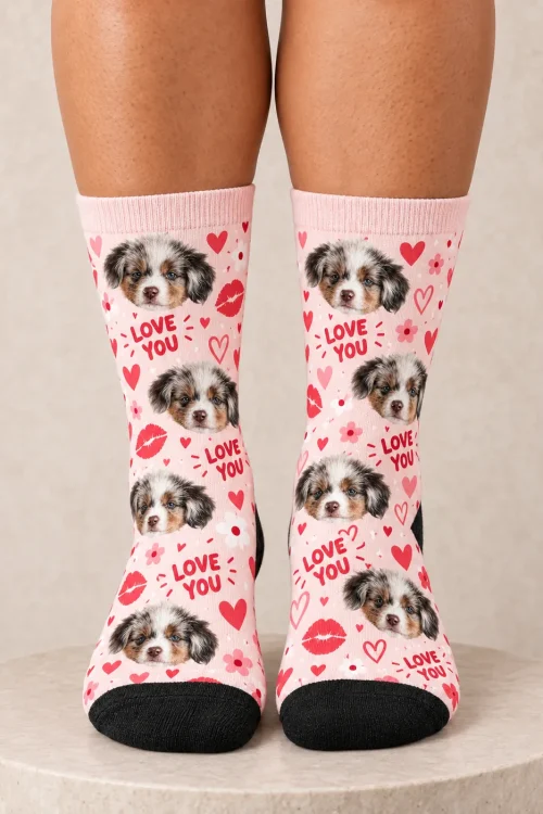 Feet on a round stool in light pink I Love You socks with Aussie puppy faces