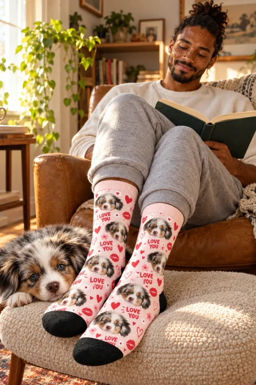 Man reading in a leather chair with his puppy, feet up in pink Love You face socks