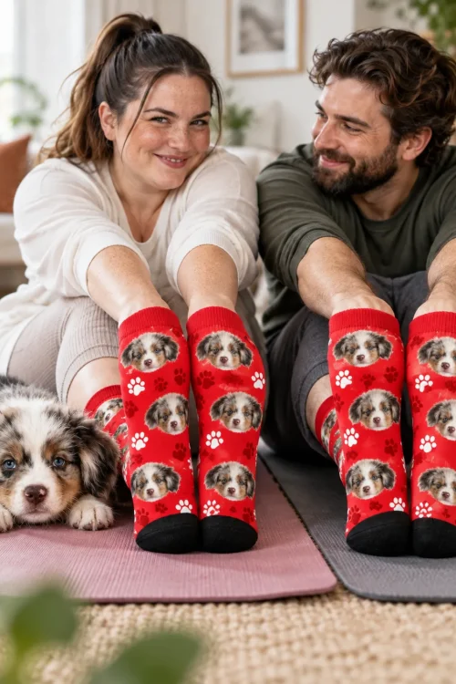 Couple stretching on yoga mats in red paw print face socks, their puppy beside them