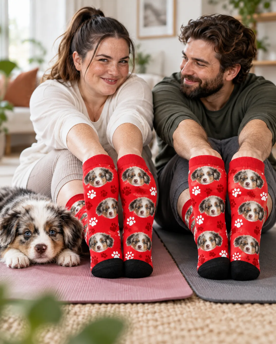 Couple stretching on yoga mats in red paw print face socks, their puppy beside them