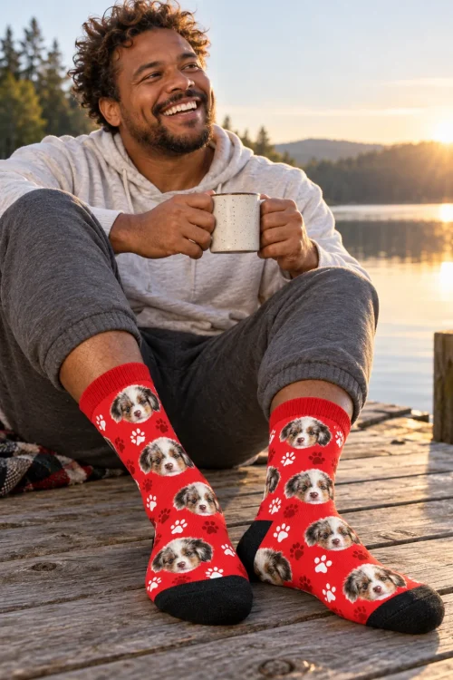 Man with a mug on a lake dock at sunrise in red paw print socks with puppy faces