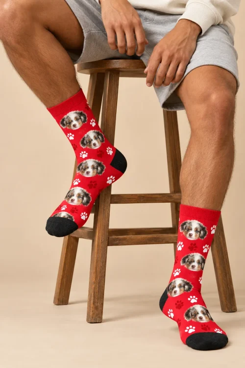 Legs on a wooden stool in red paw print custom socks with multiple puppy faces