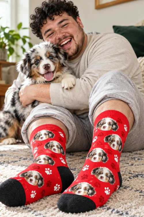 Laughing man hugging his Aussie puppy, wearing red paw socks with its face