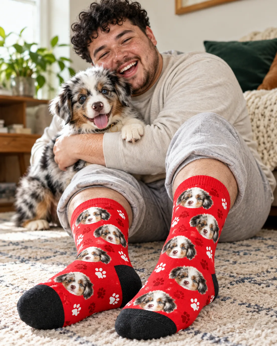 Laughing man hugging his Aussie puppy, wearing red paw socks with its face