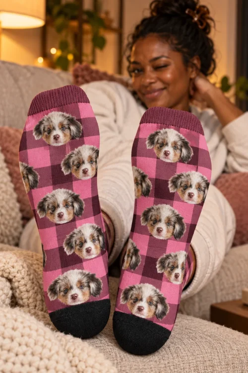 Woman on a sofa showing the soles of her pink and maroon plaid socks with puppy faces