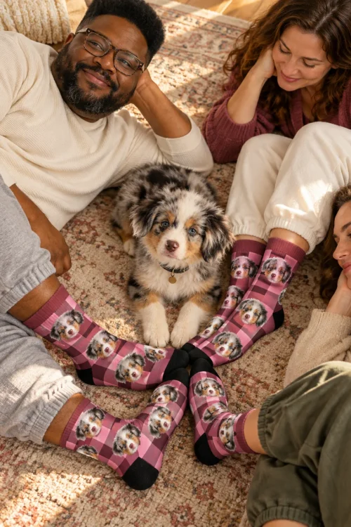 Three friends lying on a rug with their puppy, all in pink plaid socks with its face