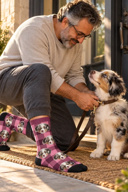 Man clipping a leash on his Aussie puppy at the front door in pink plaid face socks