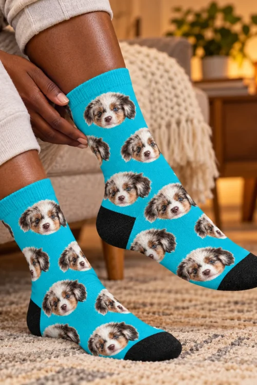 Feet crossed on a rug in teal customized socks with puppy face prints