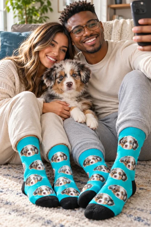 Couple taking a selfie with their puppy, both in teal socks with its face